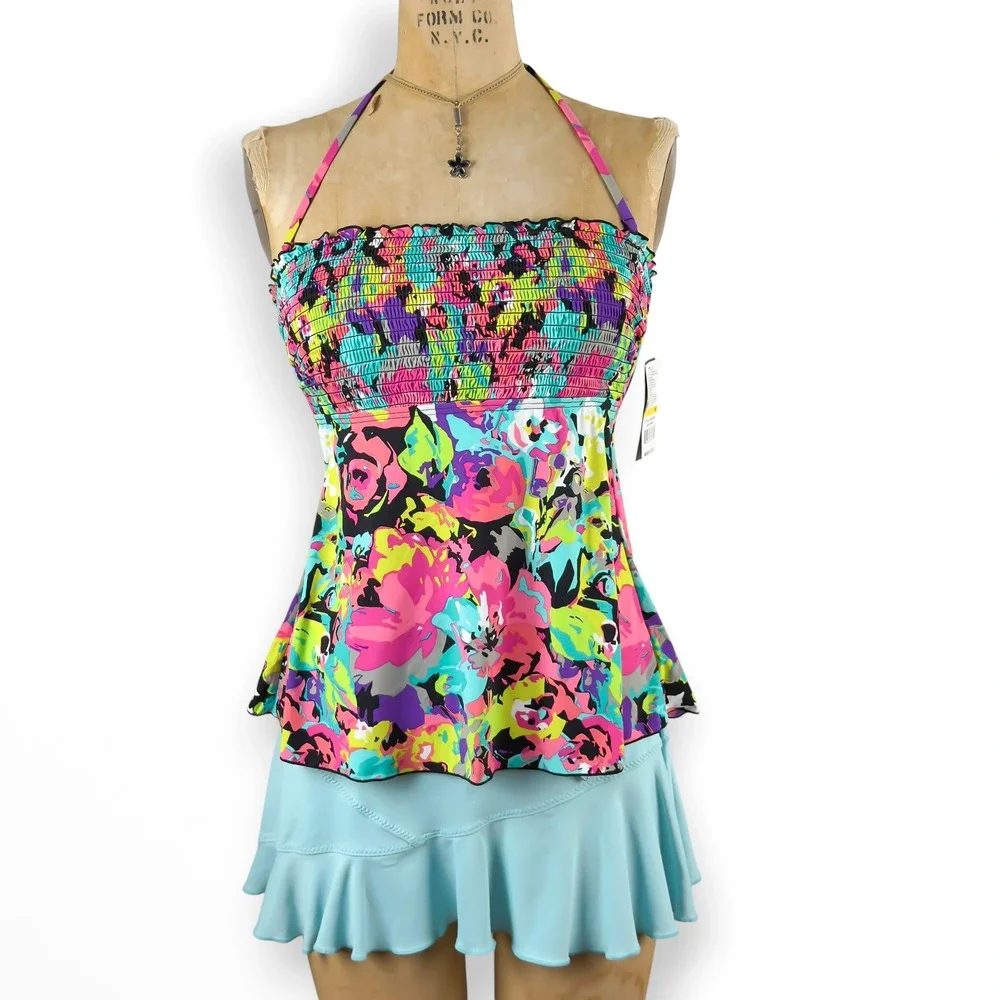 Y2K Neon Floral Tankini Top Smocked Halter Swim Kenneth Cole Retro Size S